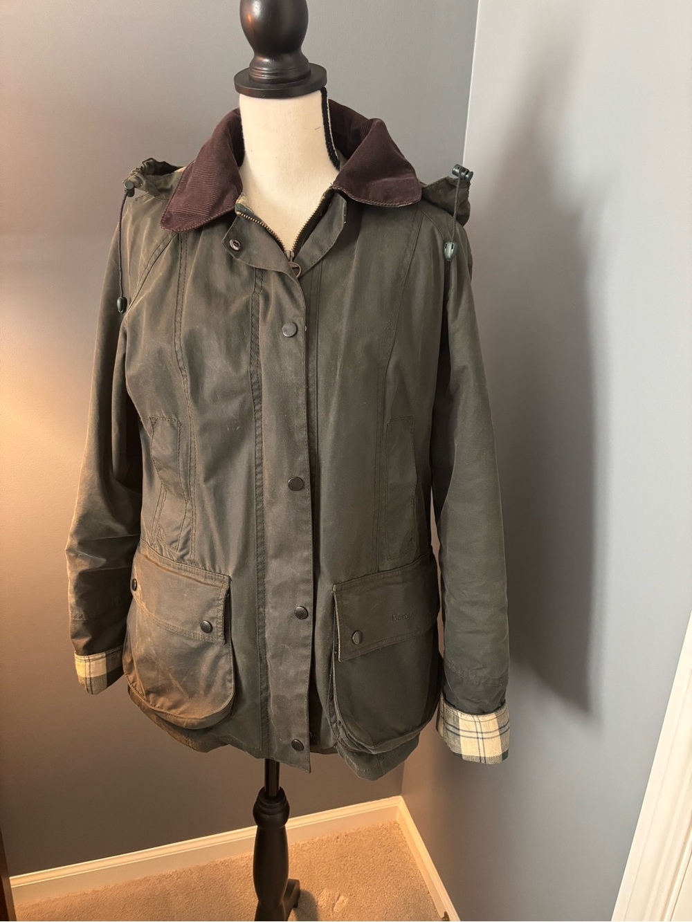 Barbour Olive Green Waxed Utility Jacket with Brown Corduroy Collar Including Li